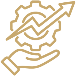 A hand holding a gear with an upward arrow, symbolizing growth and progress.