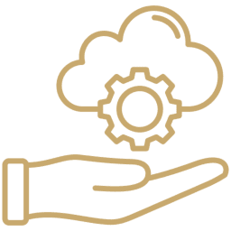 Hand holding a cloud with a gear inside, symbolizing cloud technology.